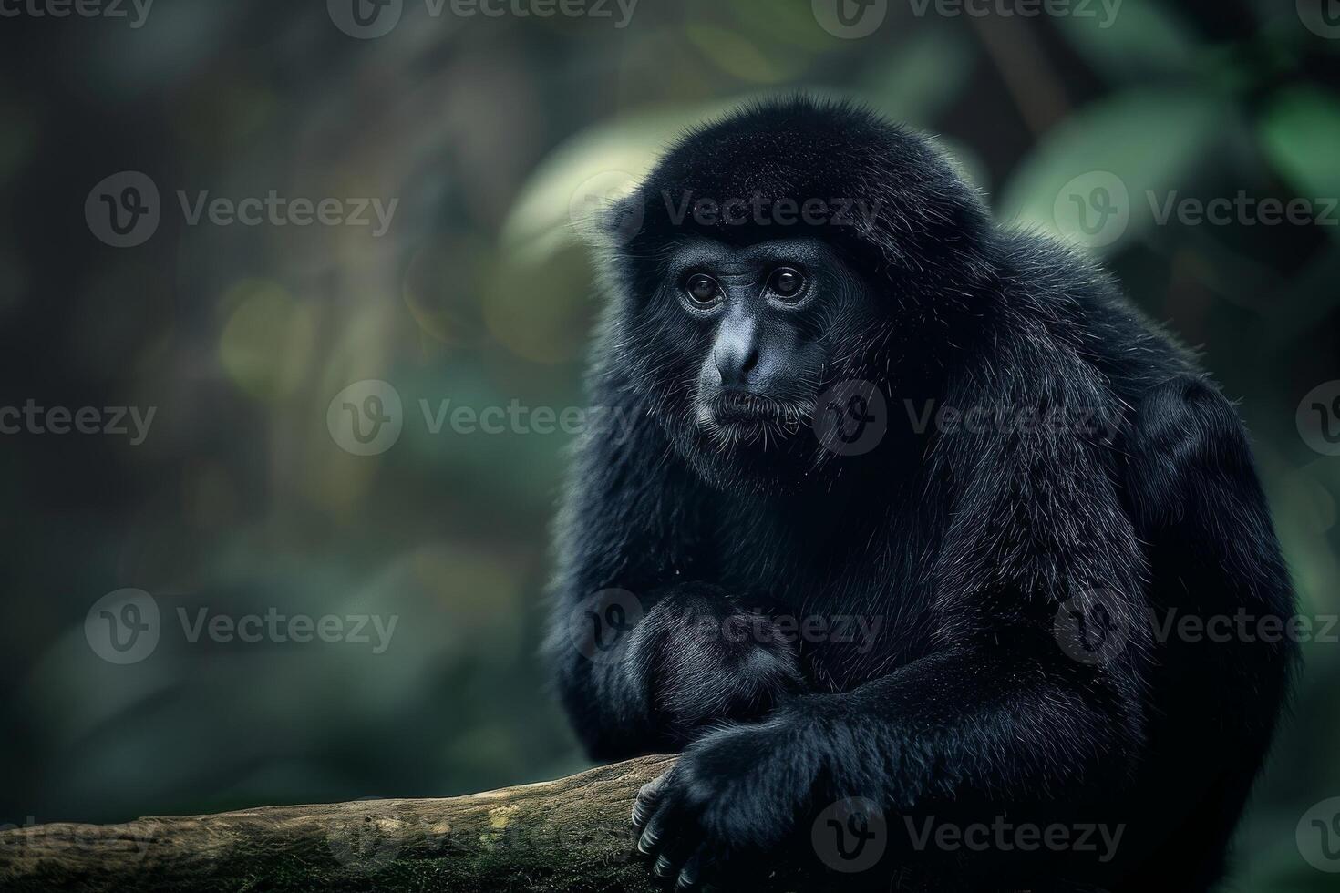 A black monkey sitting on a branch in the jungle photo