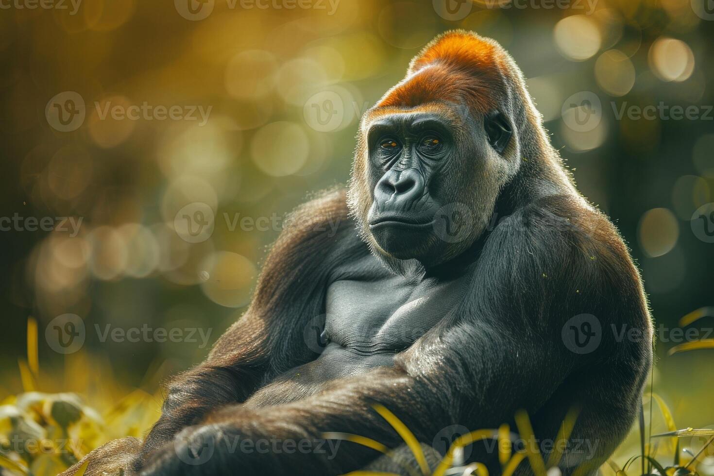 A gorilla sitting in the grass with a blurry background photo