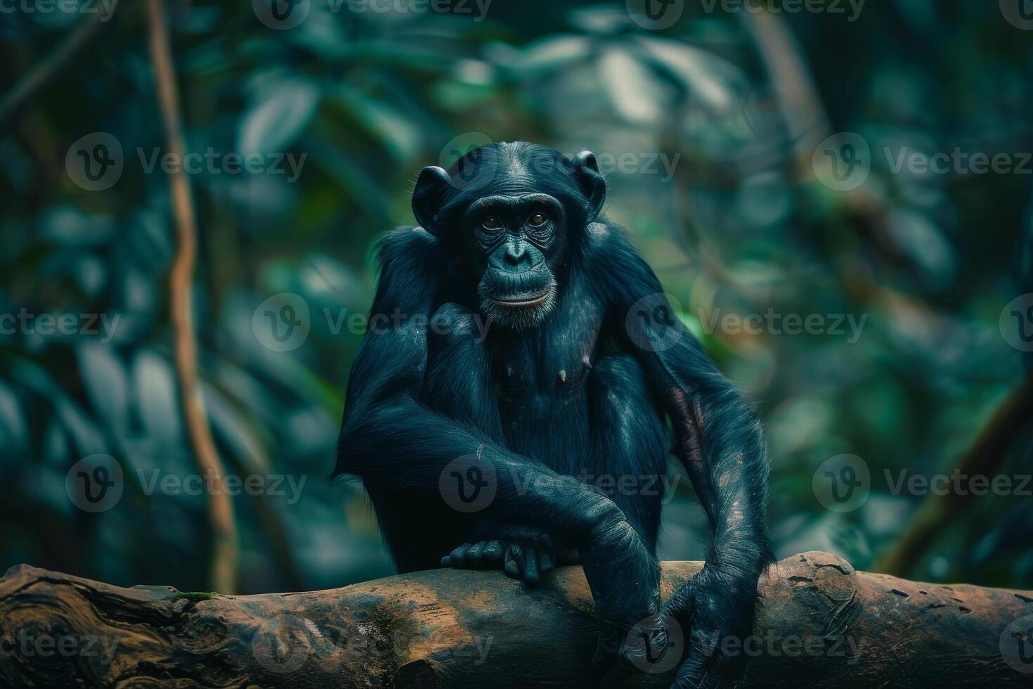 A chimpanzee sitting on a tree branch photo