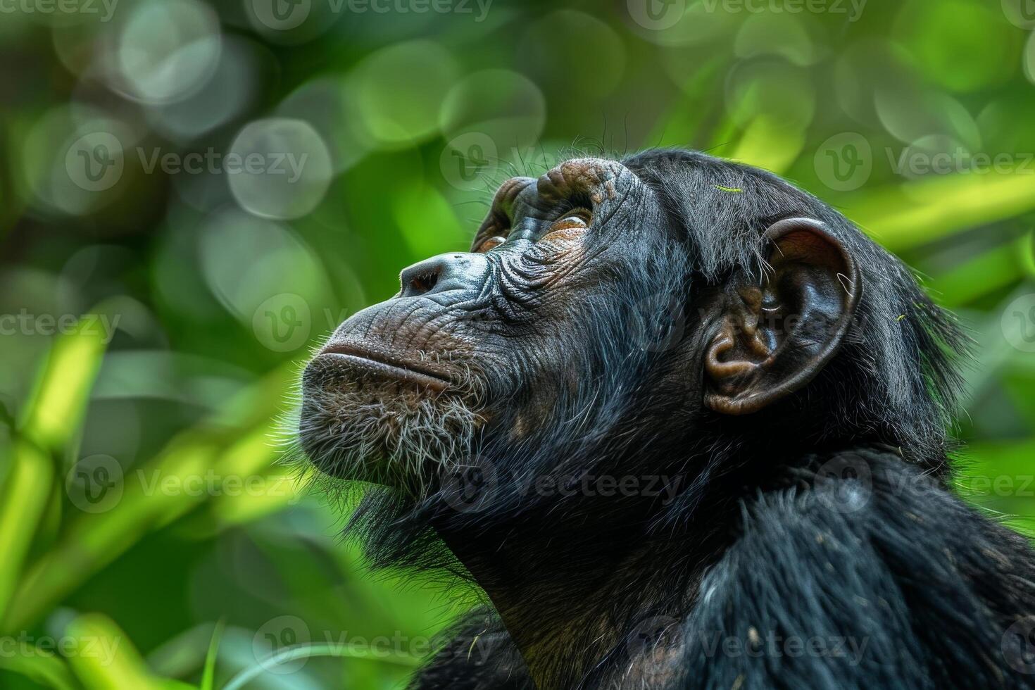 A chimpanzee looking up at the sky in the forest photo