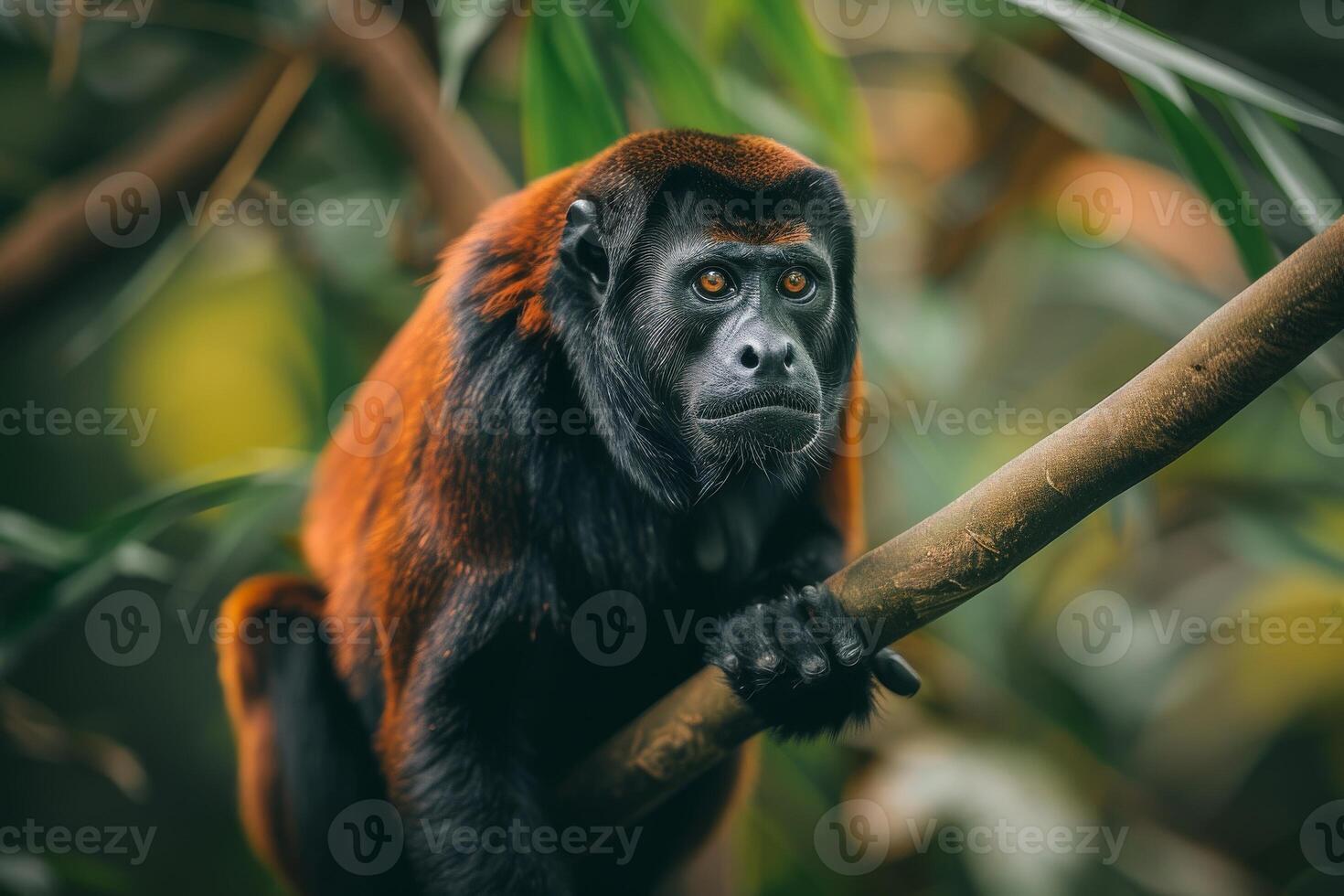 A red - headed black and white monkey sitting on a branch photo