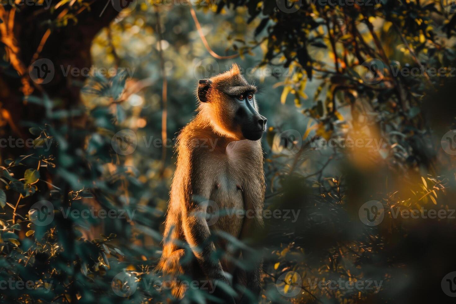 A baboon standing in the middle of the forest photo