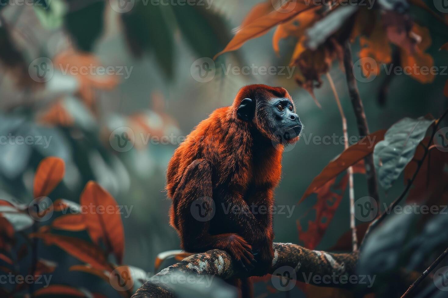 A red monkey sitting on a branch in the jungle photo
