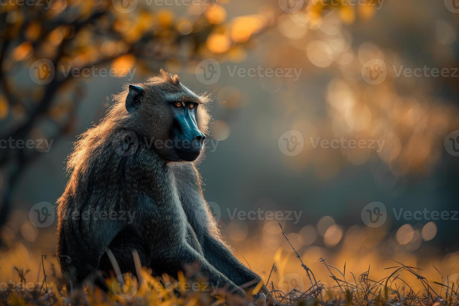 A baboon sitting in the grass with a tree in the background photo
