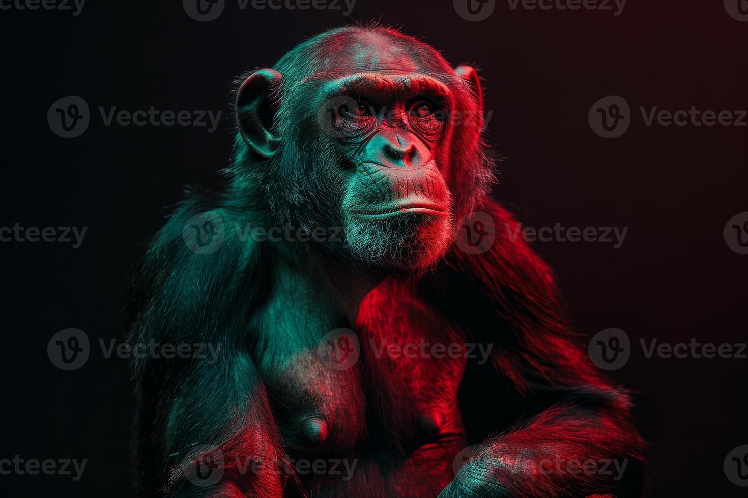 A chimpan is sitting in front of a black background photo