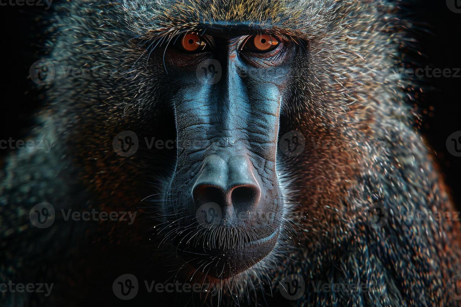 A close up of a baboon's face photo