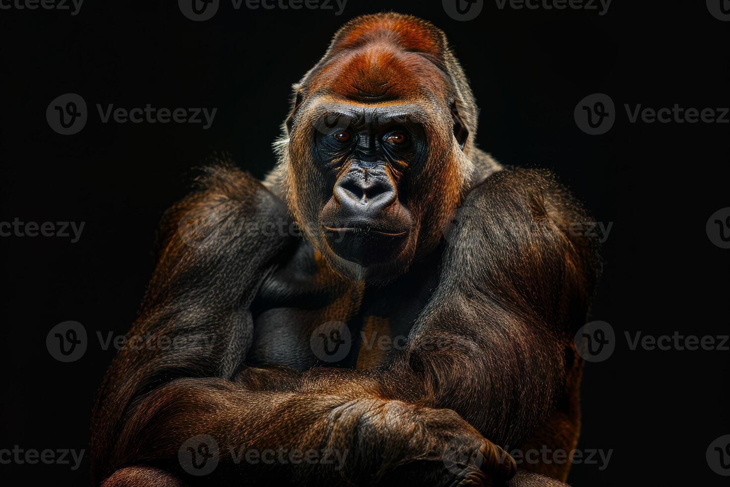 A gorilla sitting down with his arms crossed photo