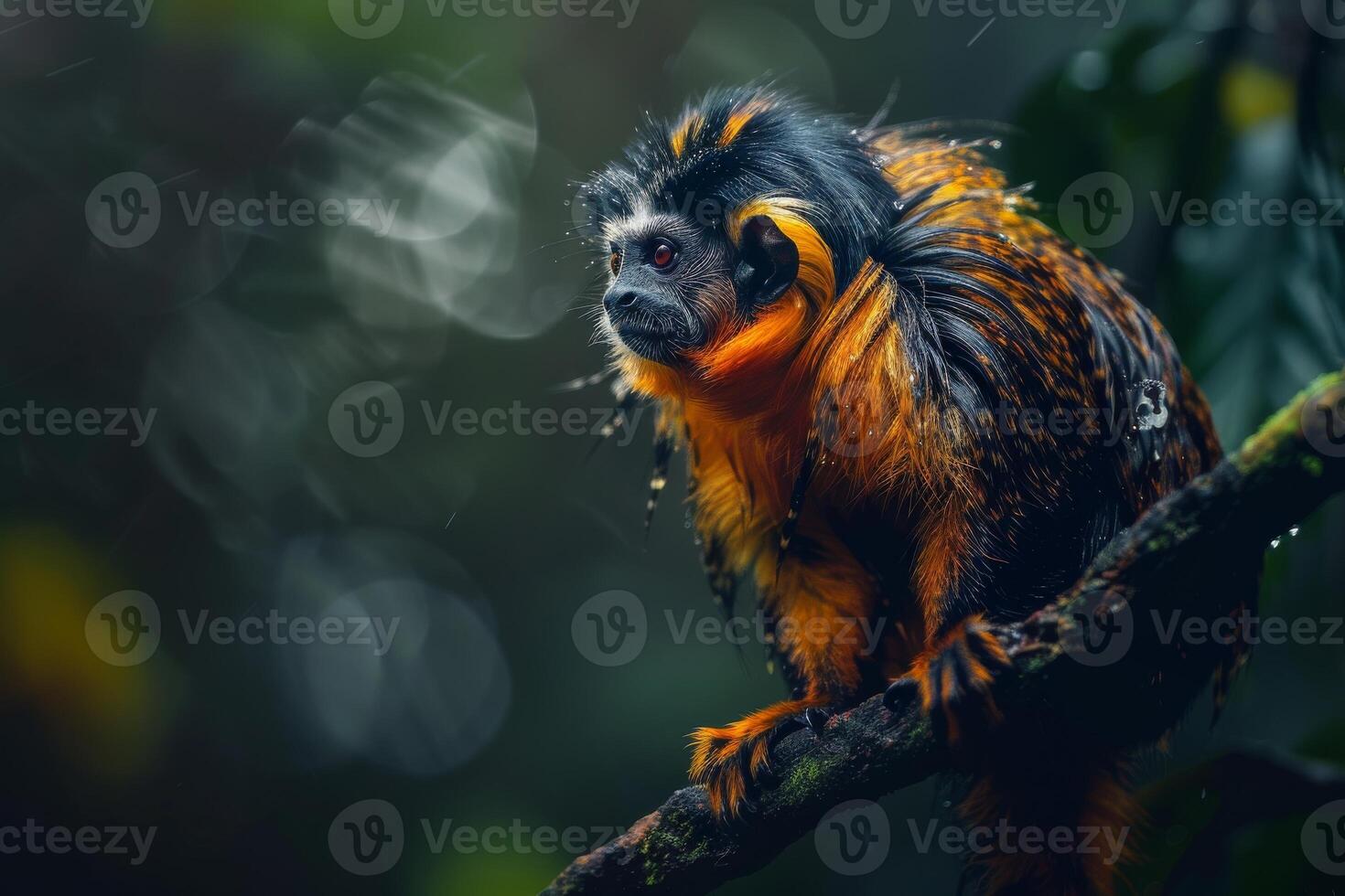 A monkey with wet hair sitting on a tree branch photo