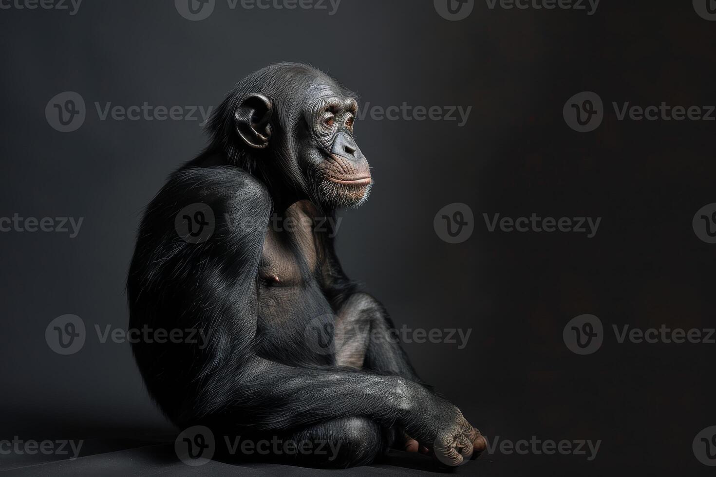 A chimpanzee sitting in front of a black background photo