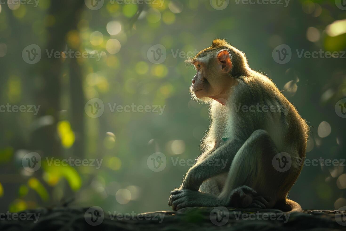 A monkey sitting on a rock in the forest photo