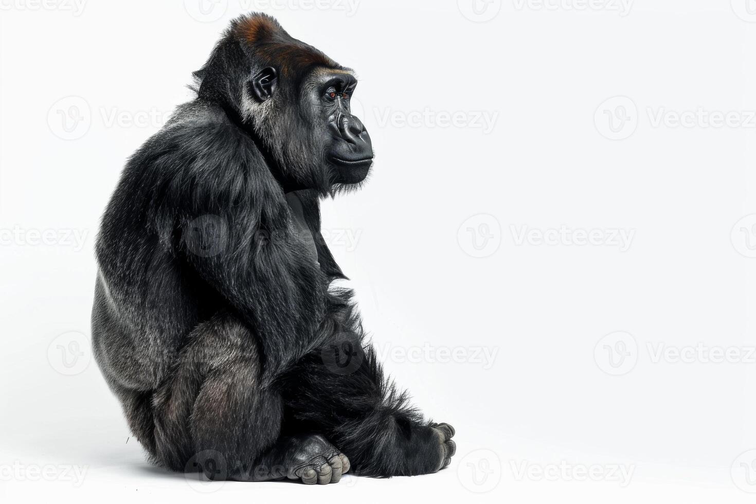 A gorilla sitting down against a white background photo