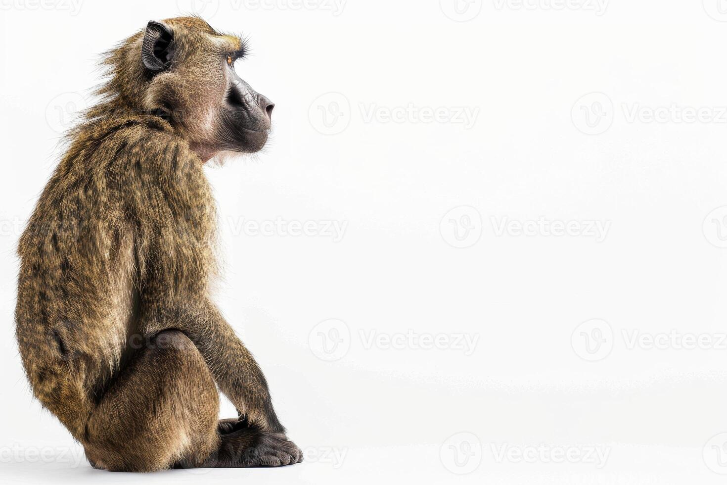A baboon sitting in front of a white background photo