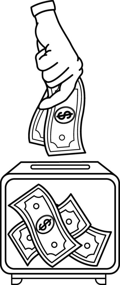 Hand Putting Banknotes Into Donation Box for Coloring Book. Financing of Charitable Donations, Social Responsibility. Business Donates Money. illustration vector