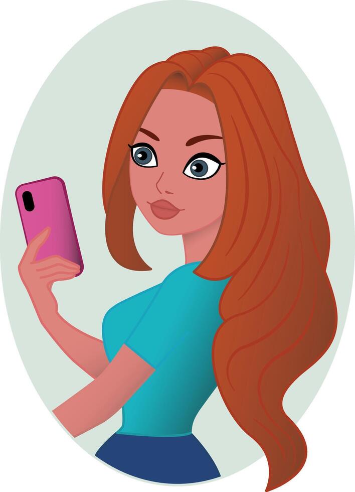 Beautiful Redhead Girl Makes a Selfie. Illustration of a Cartoon Girl Looking into a Pink Mobile Phone vector