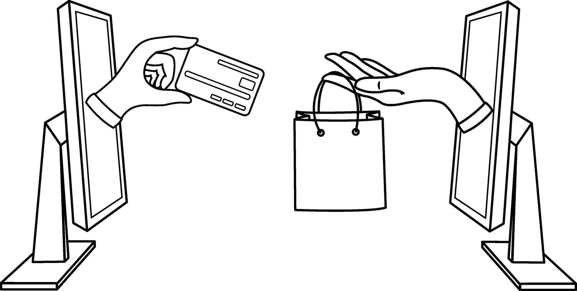 Payment for Purchases with a Bank Card Online for Coloring. Internet Trade. Electronic Payment for Goods Using a Computer and Credit Card. Business and Finance. illustration vector