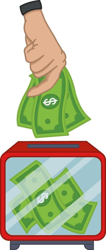 Hand Putting Banknotes Into Donation Box. Financing of Charitable Donations, Social Responsibility. Business Donates Money. illustration vector