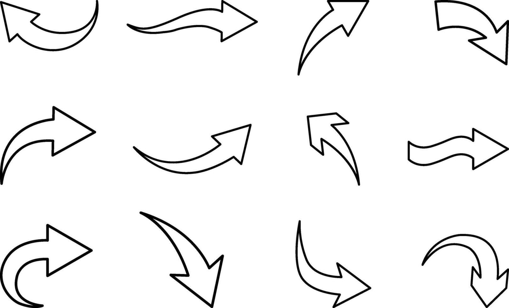 Set of Curved Arrows. Different Arrow Icons with Bends in Different Directions. Cursor. Collection of Simple Arrows. vector