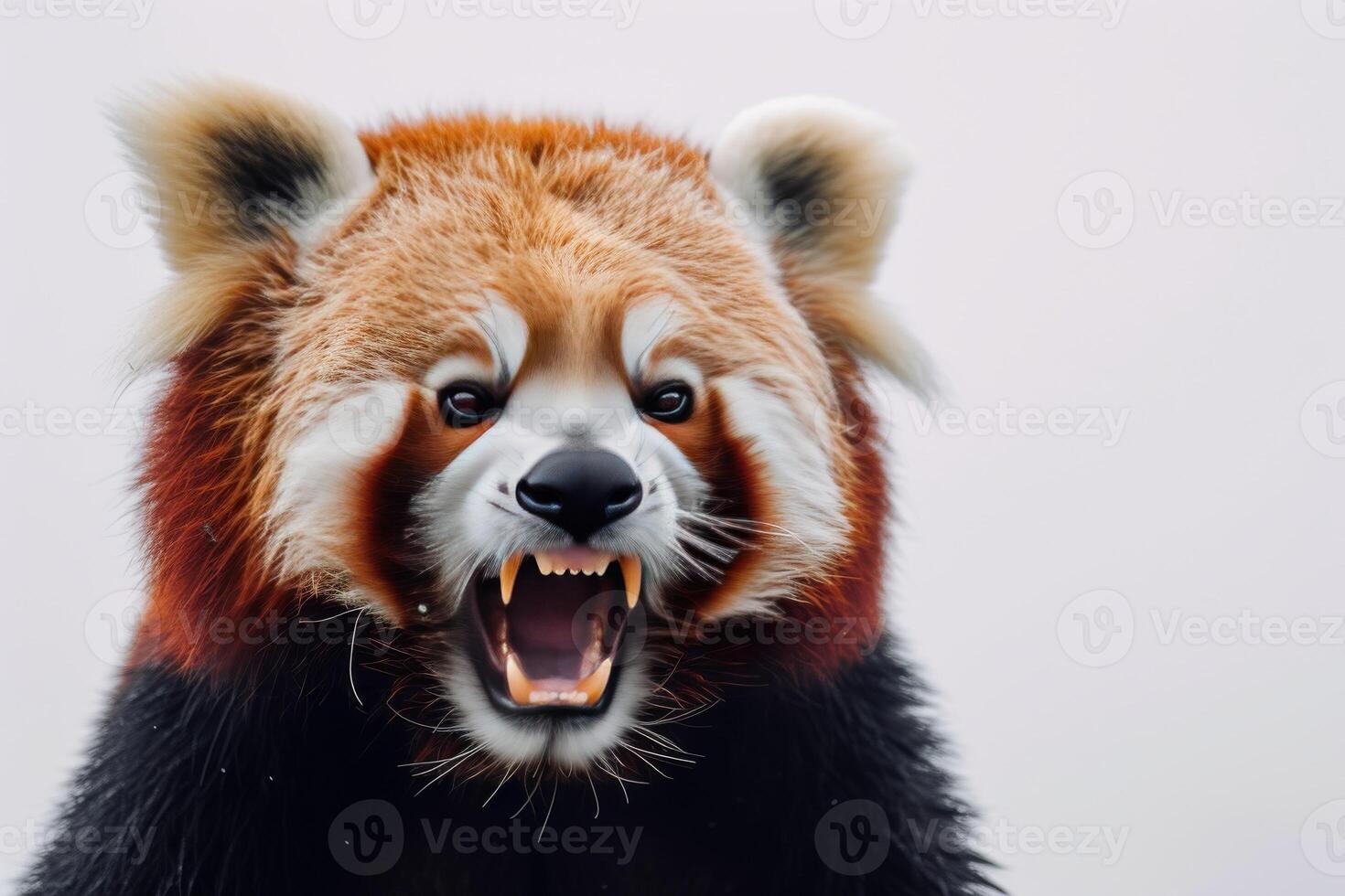 A red panda is roaring in front of a white background photo