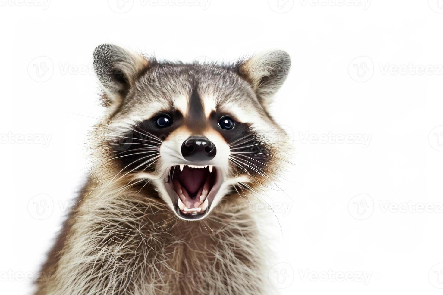 A raccoon with its mouth open and its teeth showing photo
