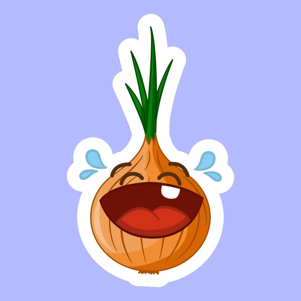 Laughing Face Onion. Sticker Design. Illustration of Funny Cartoon Character. Tears of happiness vector