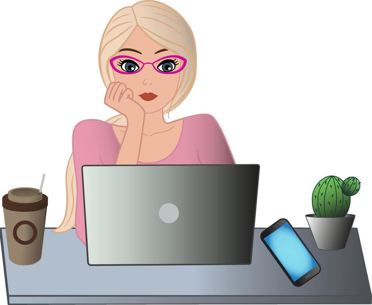Young Woman with Laptop Working Remotely. Illustration of Freelancer Girl with Glasses, Pensive Look. On the Table, There is a Laptop, a Glass, a Mobile Phone, and a Cactus. vector