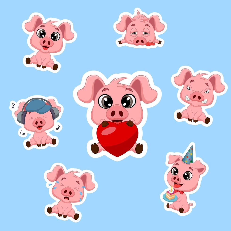 Set of Stickers Funny Little Pigs. Illustration of Cute Characters with Different Emotions. vector