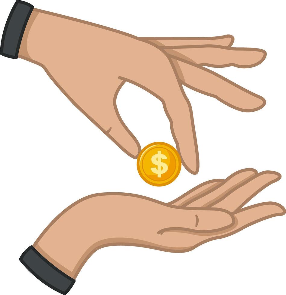 A Hand Gives a Coin to Another Hand. Symbol of Help, Donation, Charity. Help the Poor vector