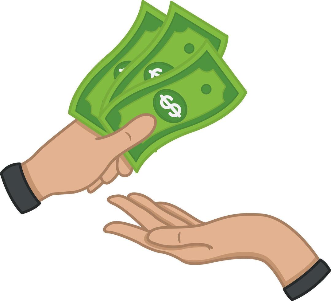 Human Hand Gives Money to Another Hand. The concept for Payday, Funding or Donation. Payment and Refund. Business and Finance vector