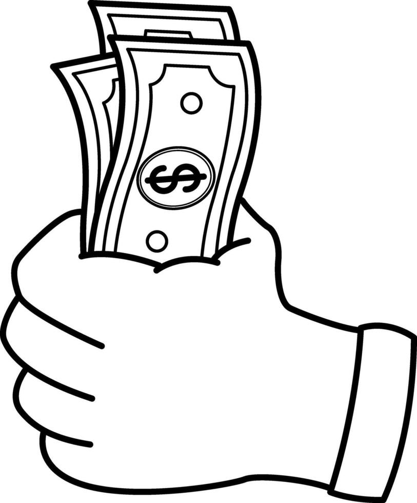 Hand Pays with Dollar Bills for Coloring Page. Money symbol. Concept of Financial Transaction. Payment and Refund. Business Commerce and Money Investments vector