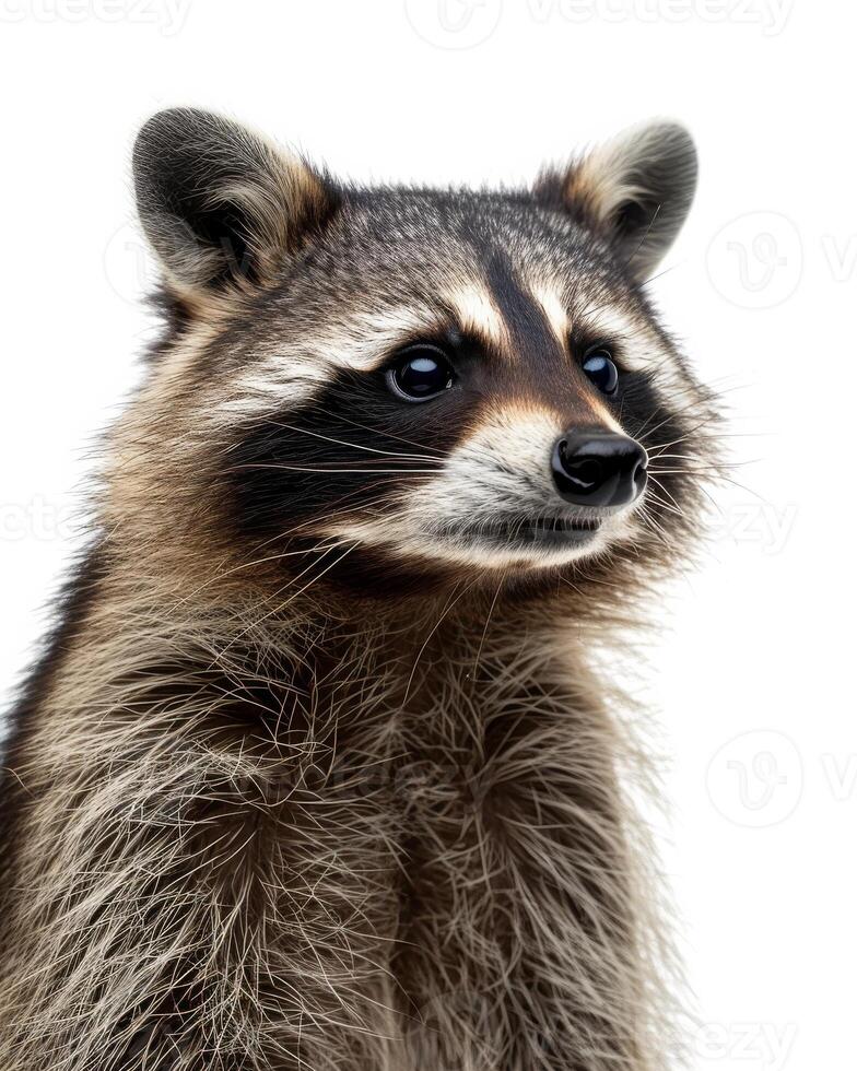 A raccoon is standing in front of a white background photo