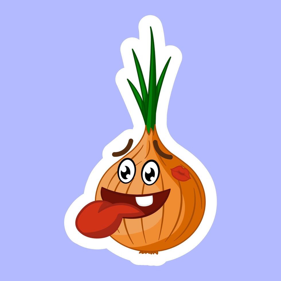 Happy Face of Onion from A Woman's Kiss. Sticker Design. Illustration of Funny Character with Tongue Sticking Out vector