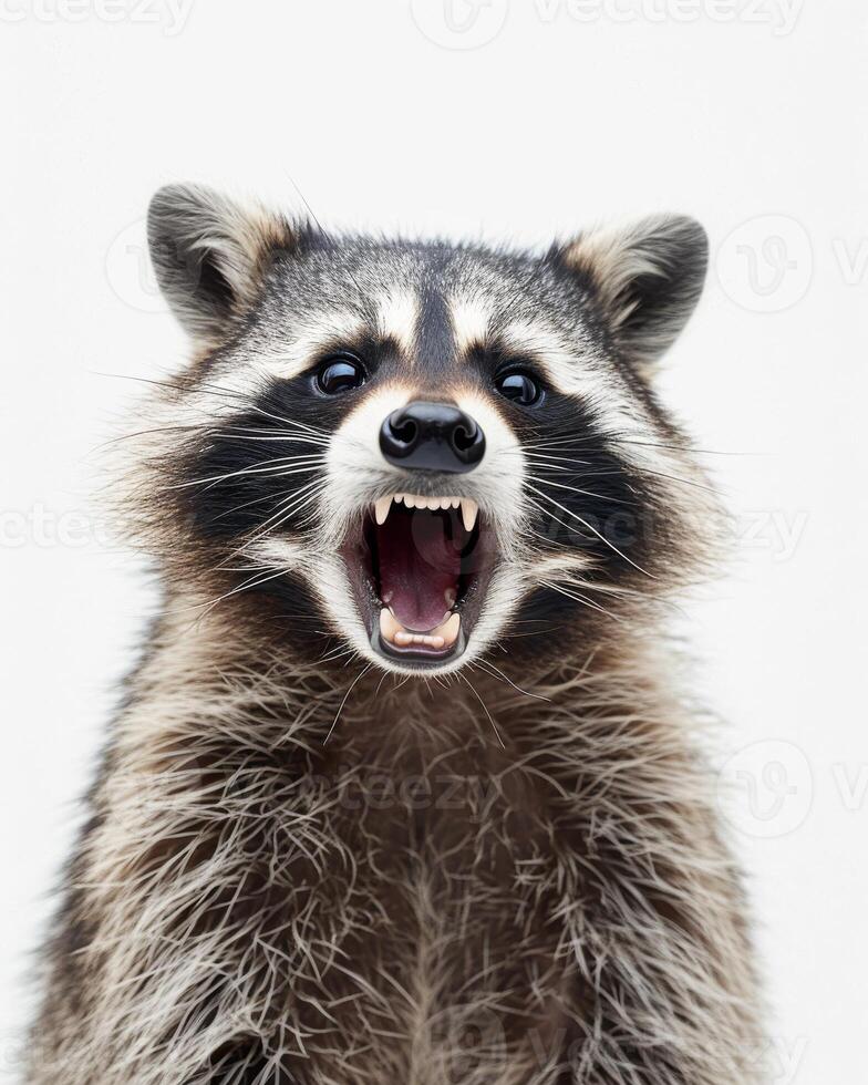 A raccoon with its mouth open and its teeth showing photo