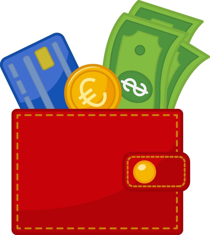 Wallet with Money and Credit Card. Illustration of a Red Wallet with Dollar Bills, Gold Euro Coin, and Blue Credit Card. Business and Finance vector