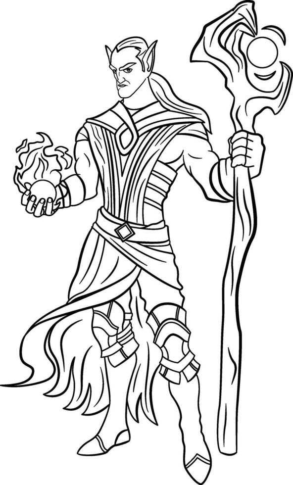 Elf Wizard Warrior 2D for Coloring Book. Character Design. Illustration of a Mighty Sorcerer with a Magic Staff. The Magician Casts a Spell vector
