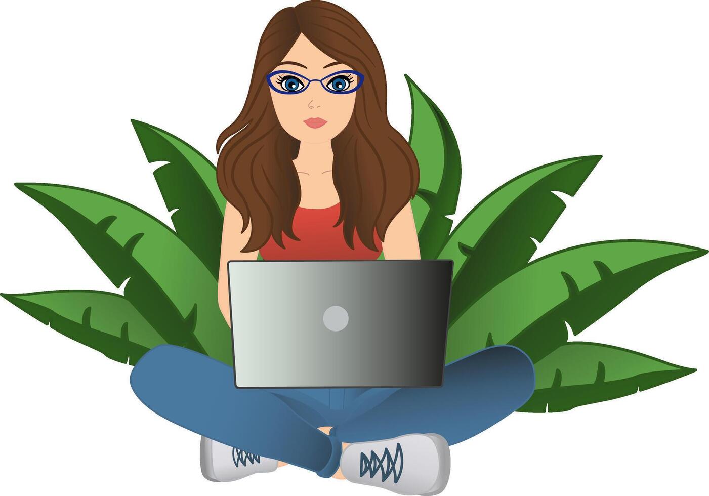 A girl with a laptop works remotely in nature. Illustration of a Young Woman with Glasses. Freelance, Study, Online Education, Work From Home, Work Concept vector