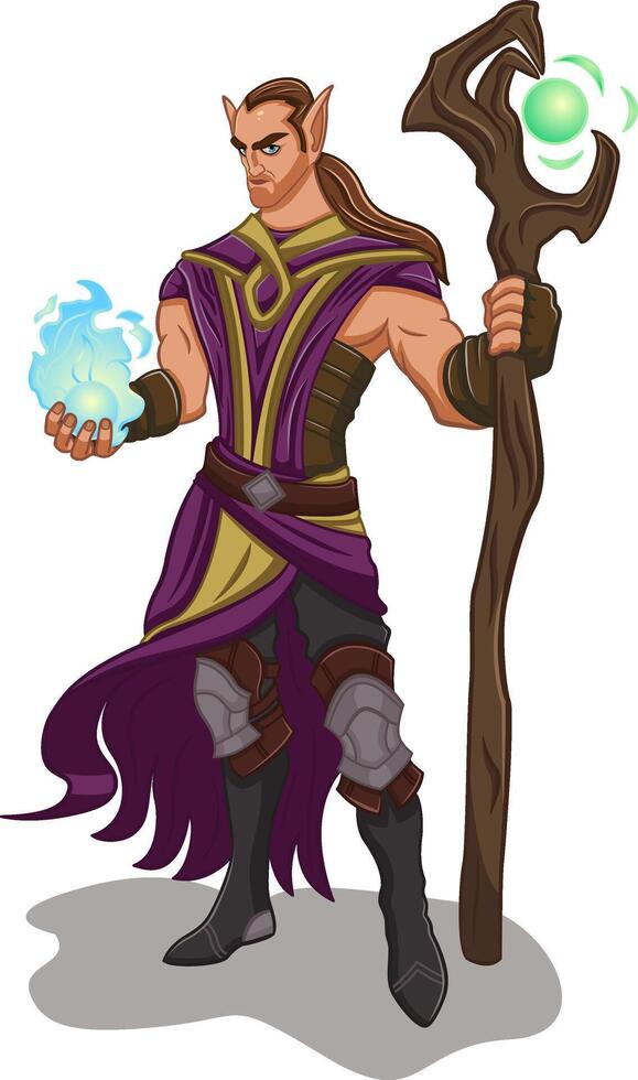 Elf Wizard Warrior 2D. Character Design. Illustration of a Mighty Sorcerer with a Magic Staff. The Magician Casts a Spell vector