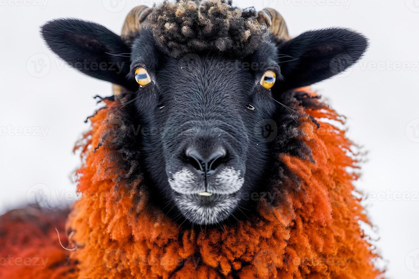 A black sheep with orange hair and a big horn photo