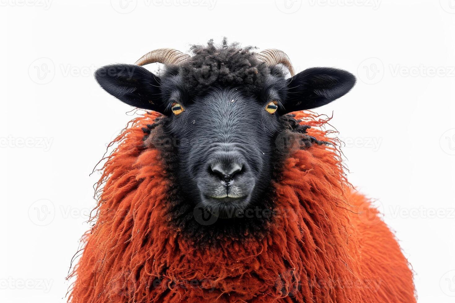 A black and red sheep with long horns photo