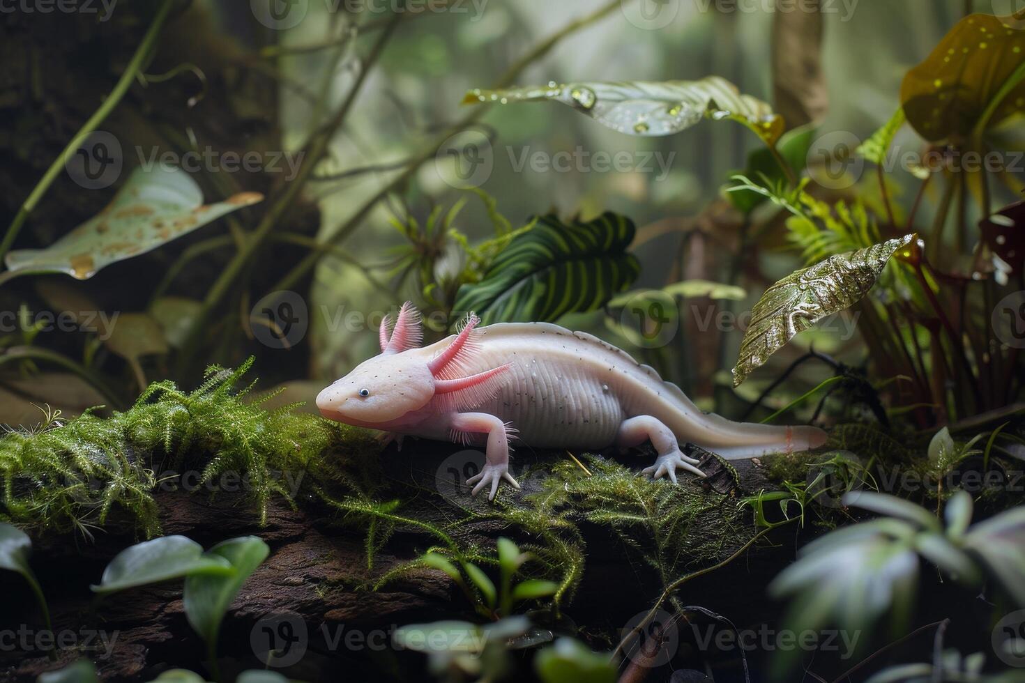 A white axolotl is sitting on a moss covered log photo