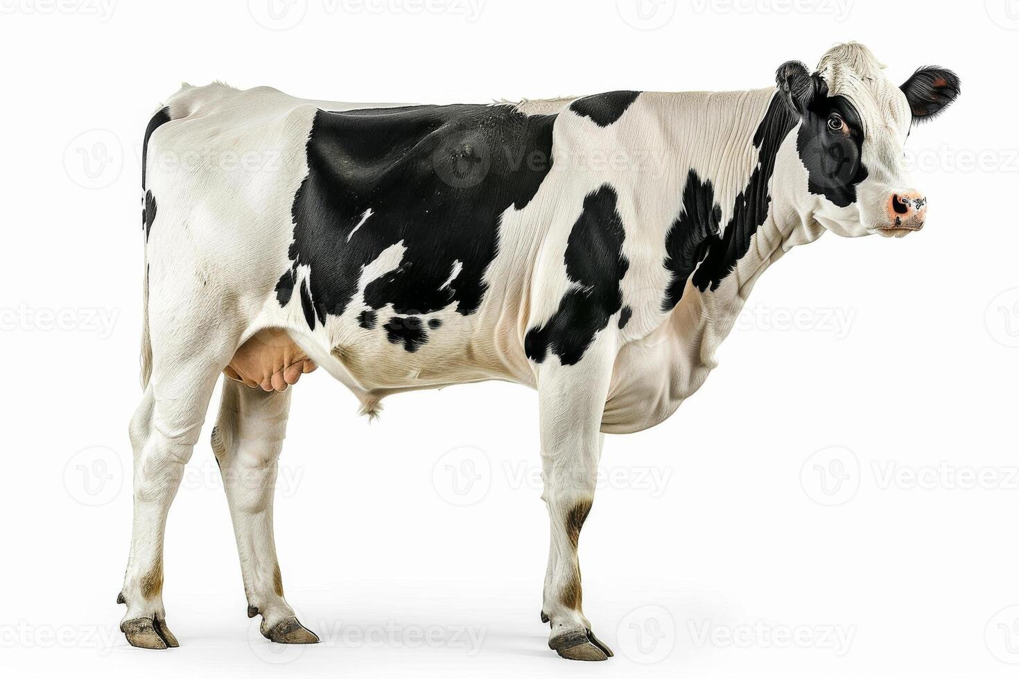 A black and white cow standing in front of a white background photo