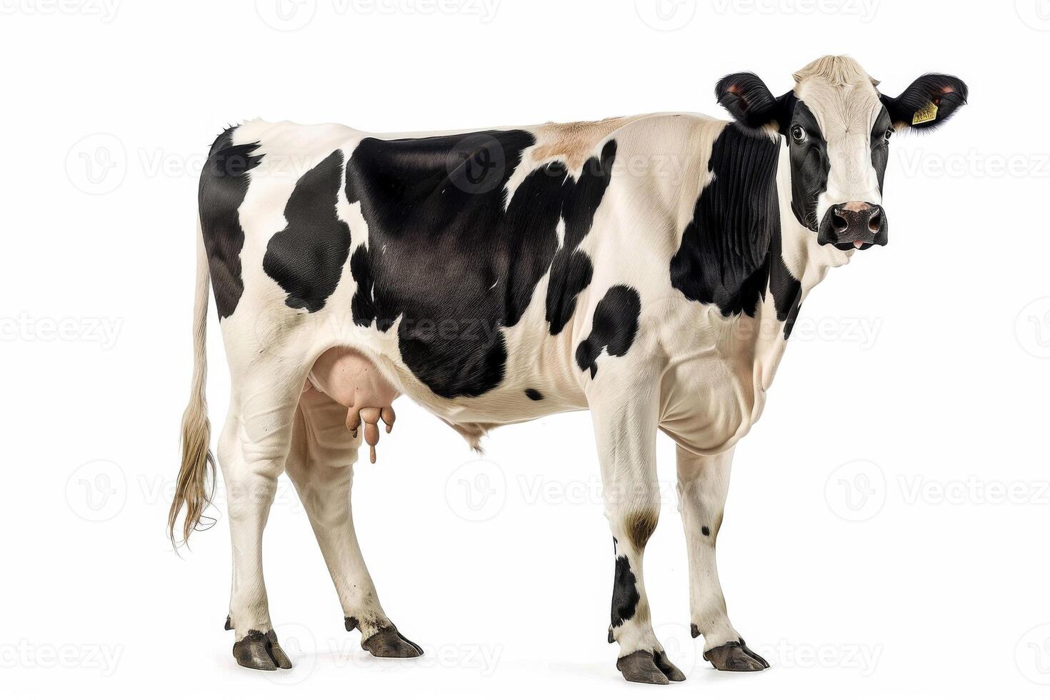 A cow is standing in front of a white background photo
