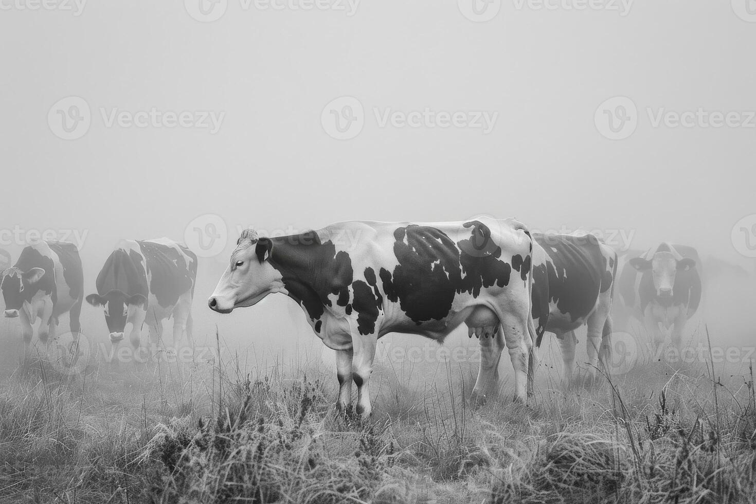A herd of cows in a foggy field photo