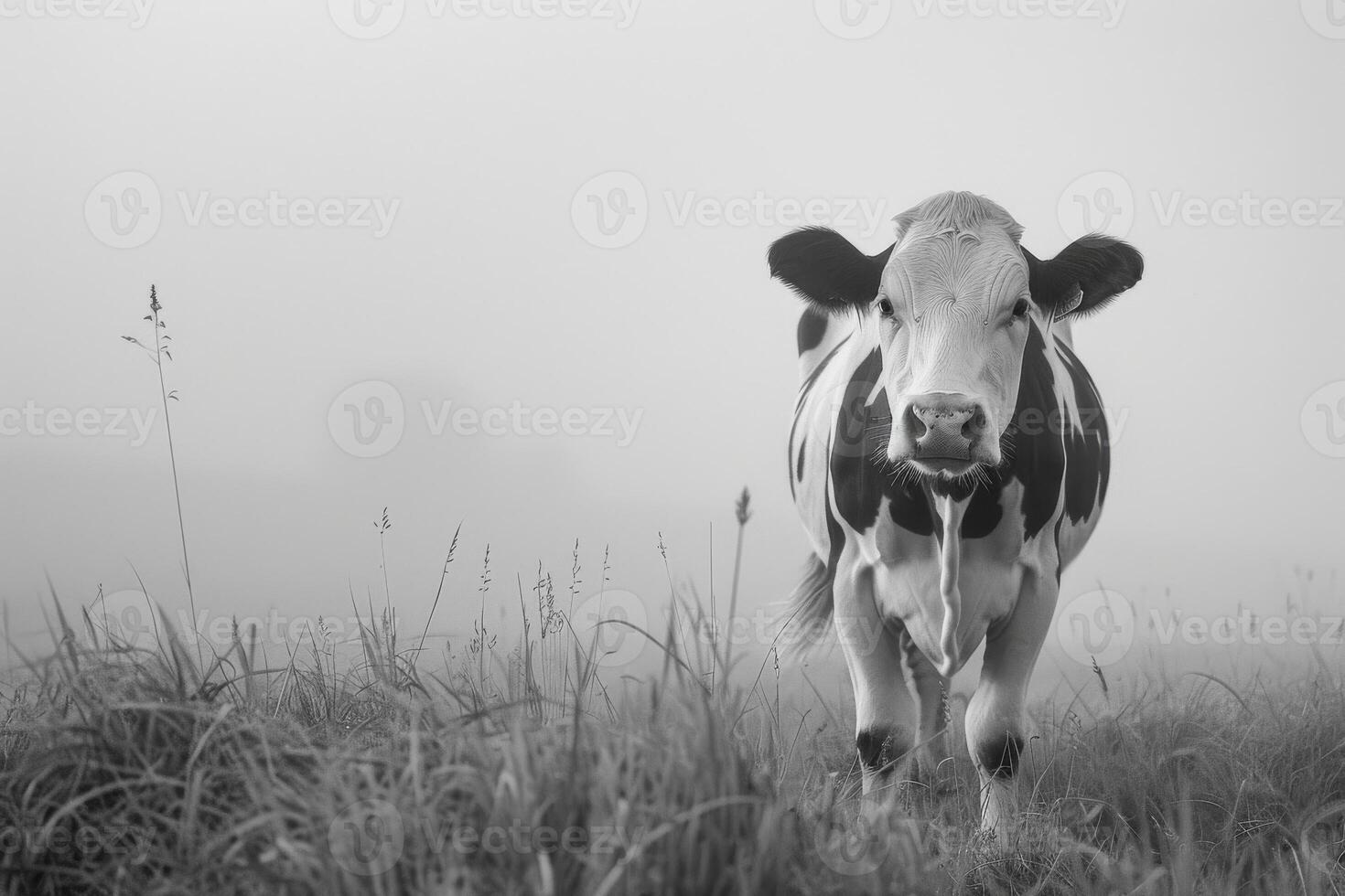 A cow standing in a field with tall grass photo