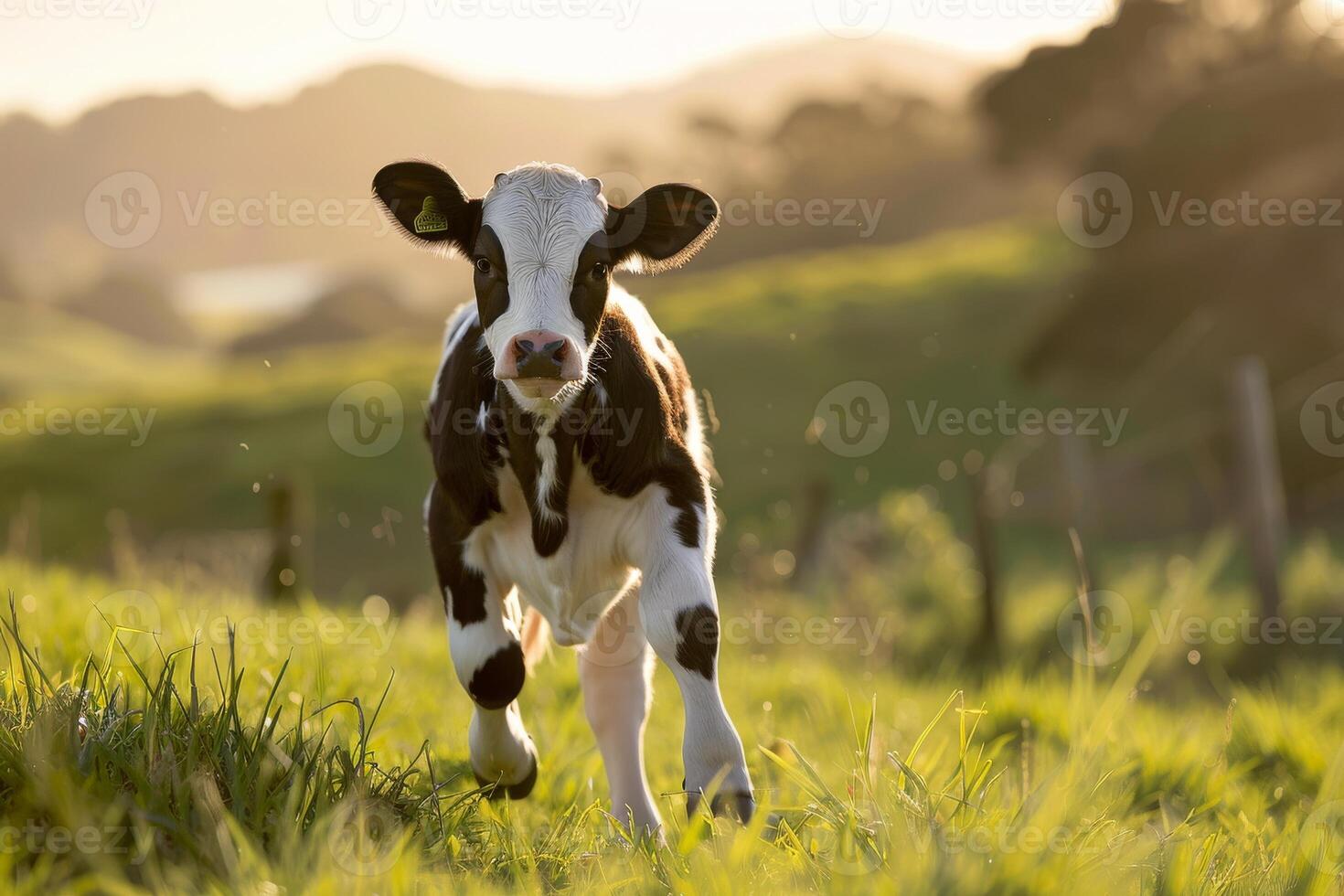 A black and white cow running through a field photo