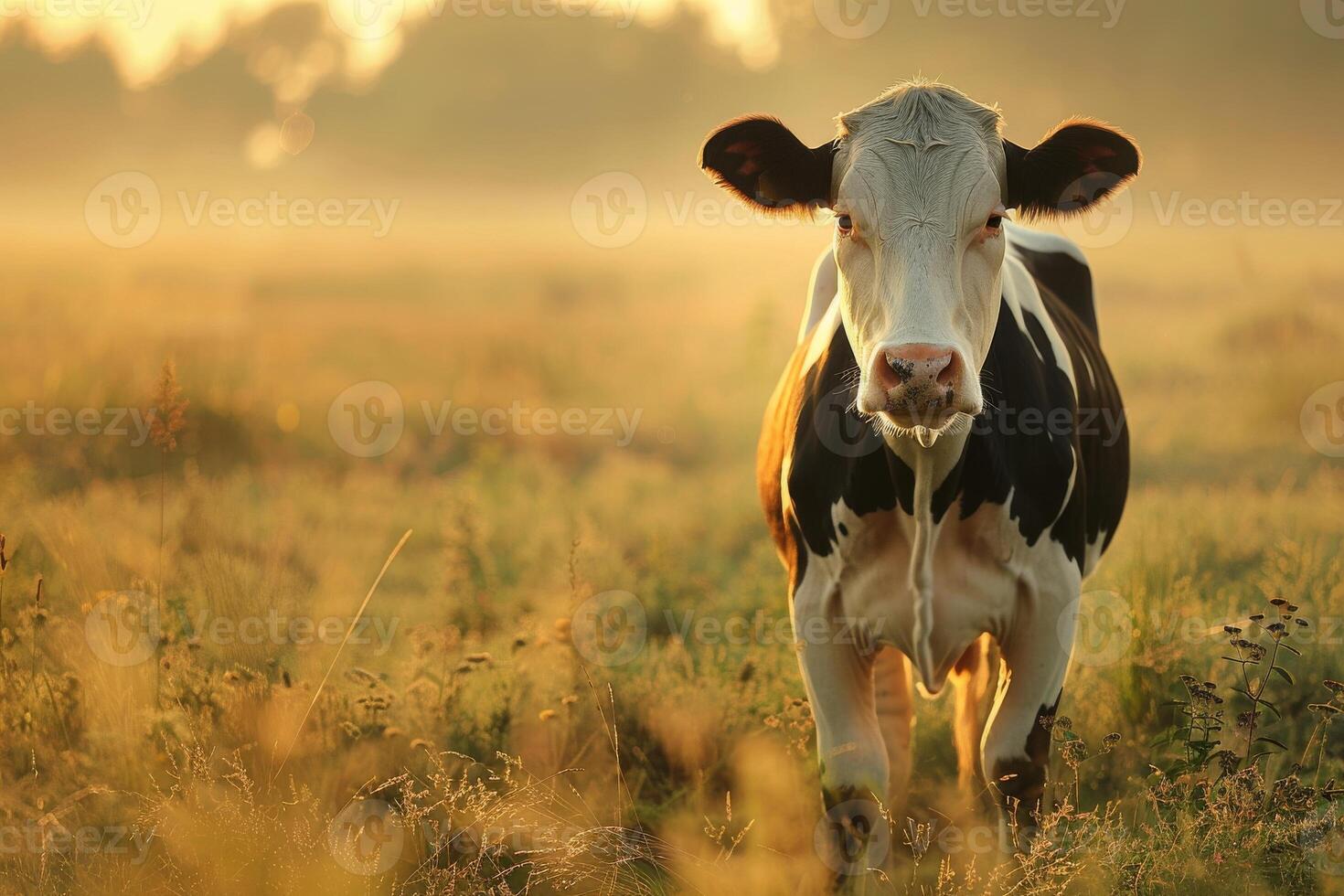 A cow standing in a field with a foggy background photo