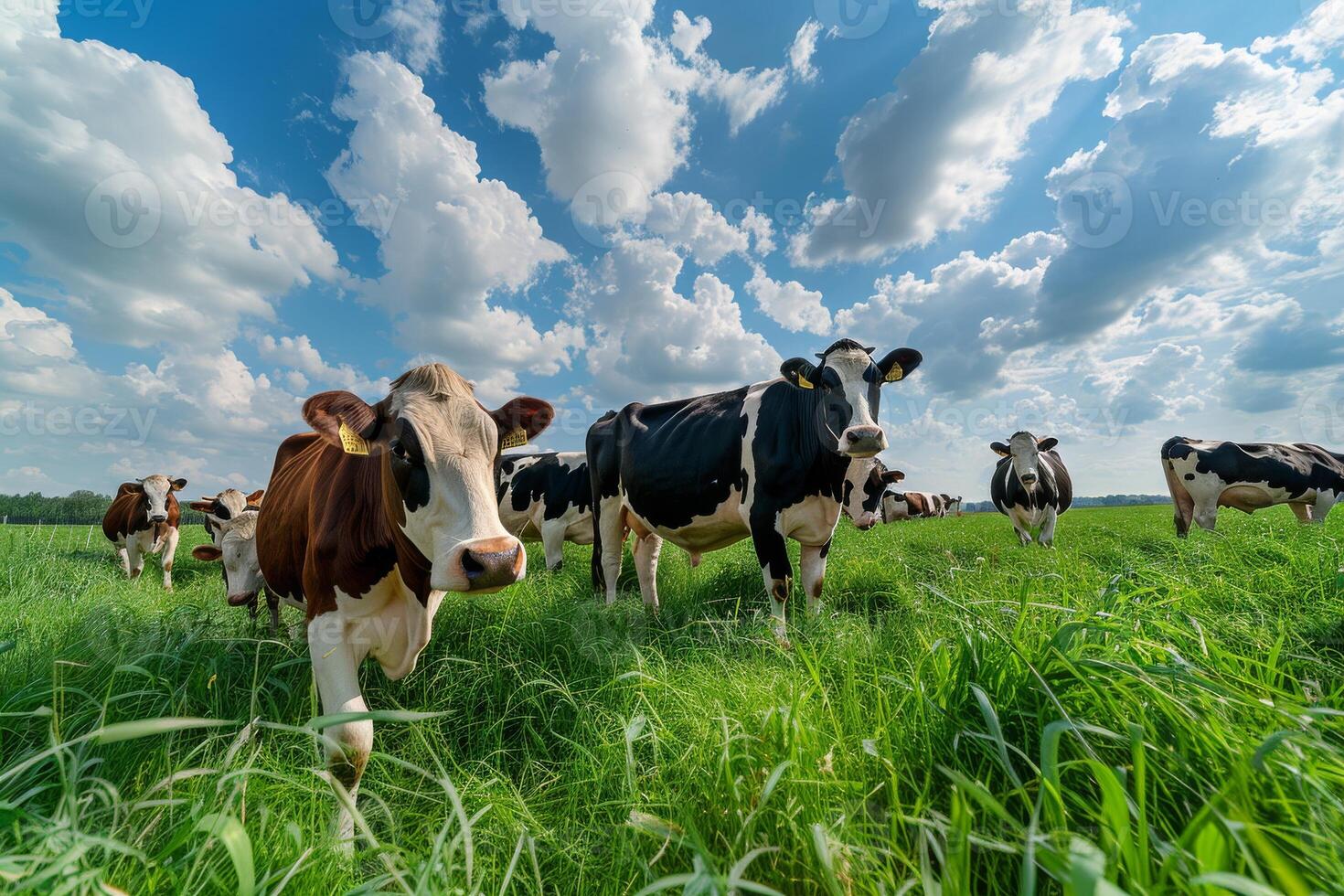 A herd of cows in a field with a blue sky photo