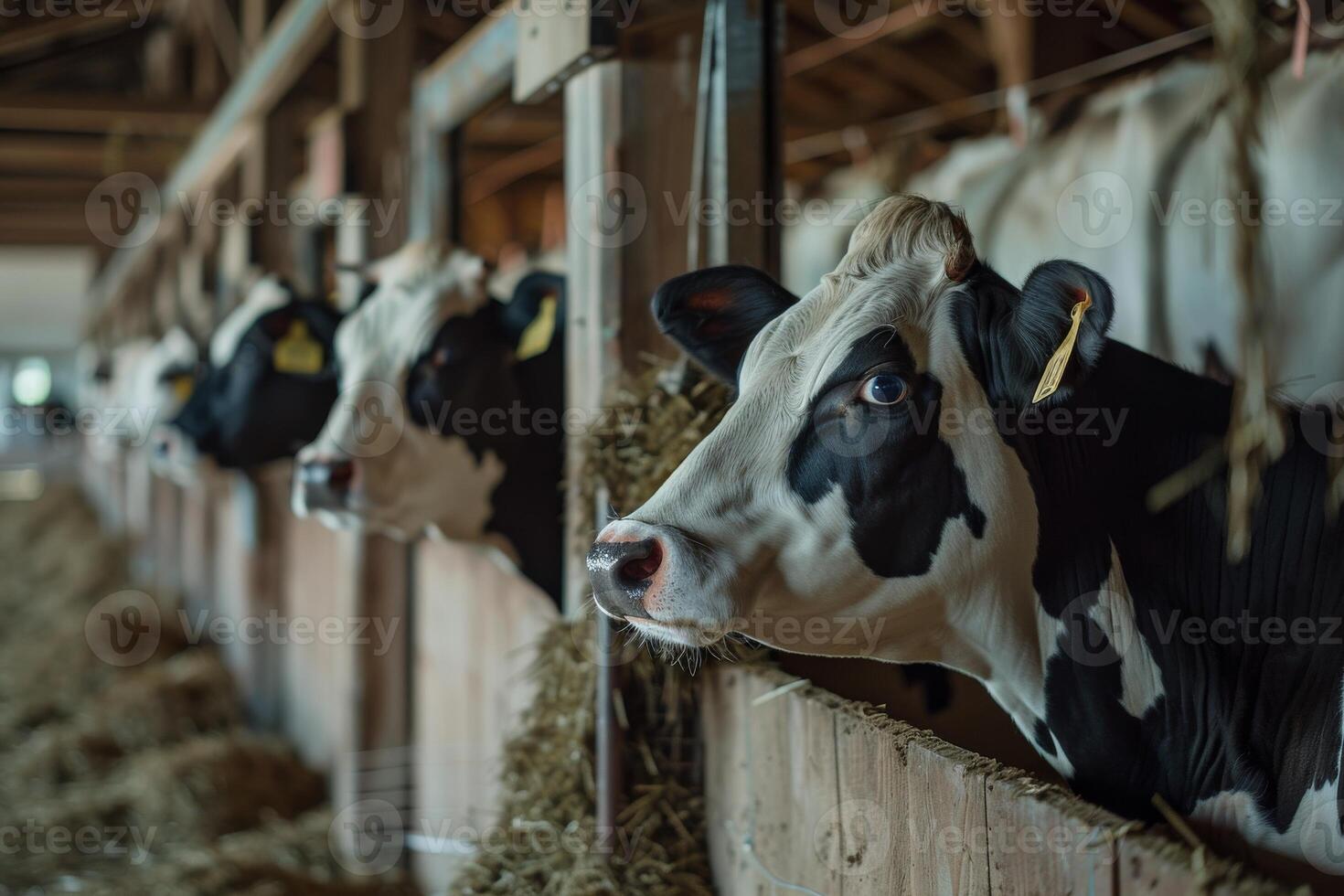 Cows in a barn with hay and straw photo