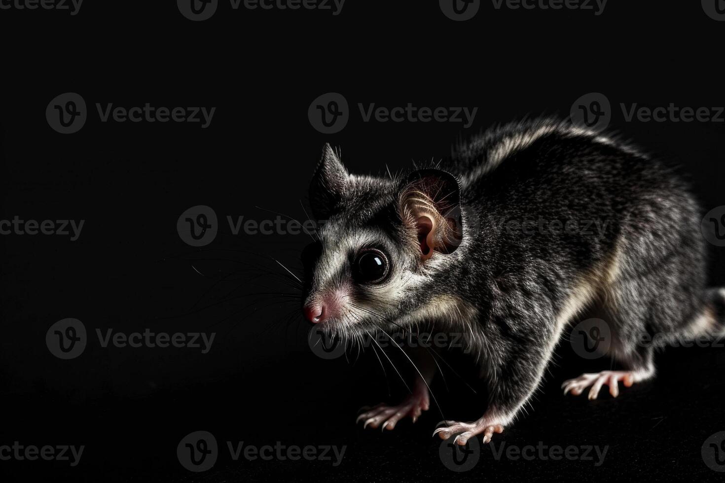 A sugar glider is standing in front of a black background photo