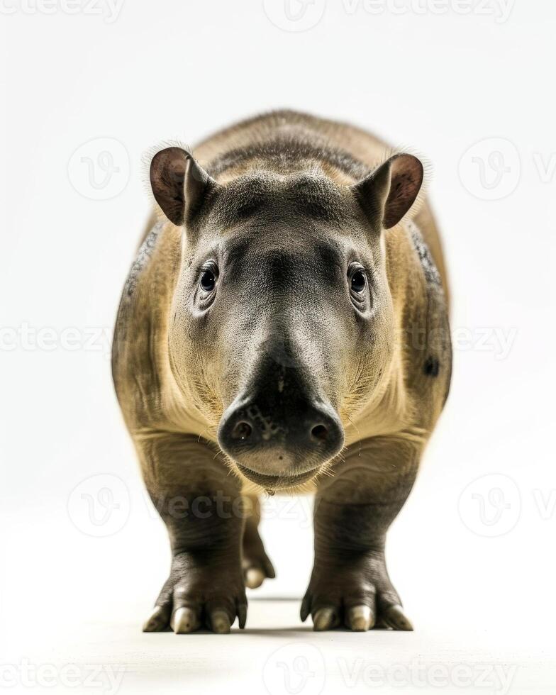 A hippo is standing in front of a white background photo