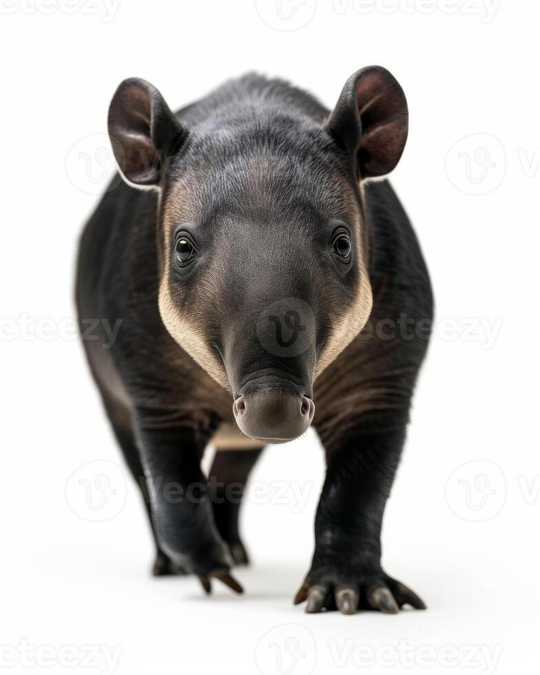 A tapir is standing in front of a white background photo